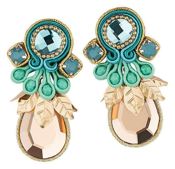Funkelnde Soutache-Ohrringe mit schimmernden hellblauen Steinen und champagnerfarbenen Tropfen