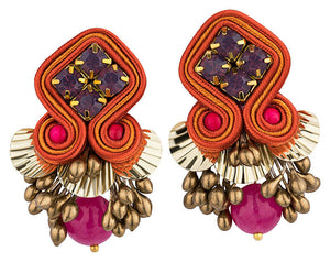 Schöne Soutache-Ohrstecker in Orange, Gold mit rosafarbenen Tropfen