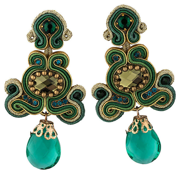 Wunderschöne Soutache-Ohrringe in Dunkelgrün, Türkis und Gold