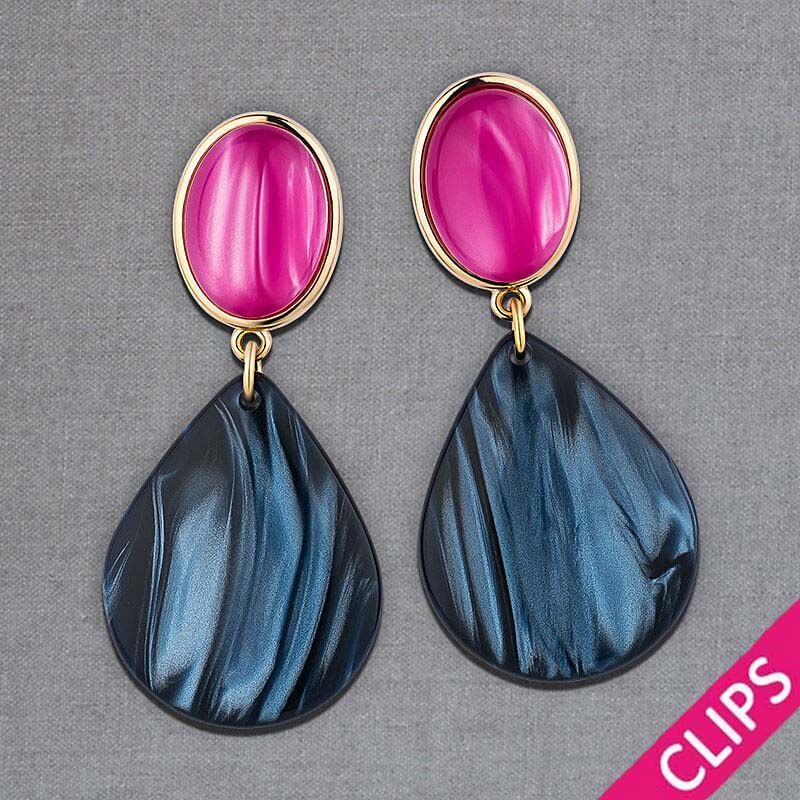 Pinke Ohrclips mit dunkelblauen Tropfen von AmuseToi