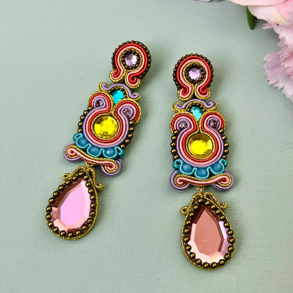 Farbenfrohe Soutache-Ohrringe in Gelb, Blau und Orange